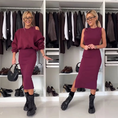 Co-Ord Set - Women's Bodycon Midi Dress and Sweatshirt Set-Grace Aura