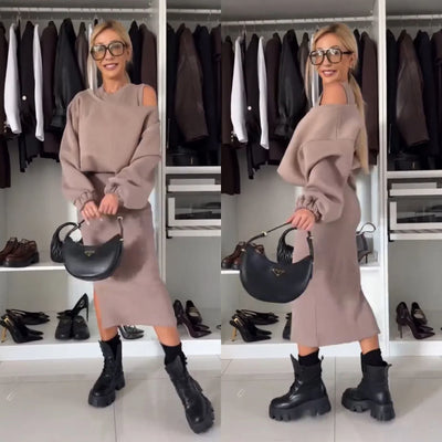 Co-Ord Set - Women's Bodycon Midi Dress and Sweatshirt Set-Grace Aura