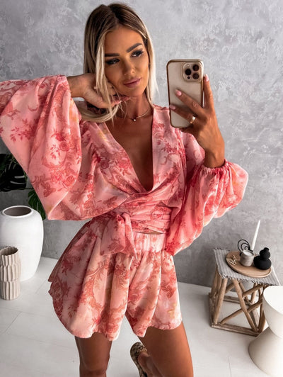 Co-Ord Set - Women's Flowy Two-Piece Shorts and Blouse Summer Set-Grace Aura