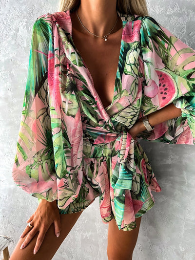Co-Ord Set - Women's Flowy Two-Piece Shorts and Blouse Summer Set-Grace Aura