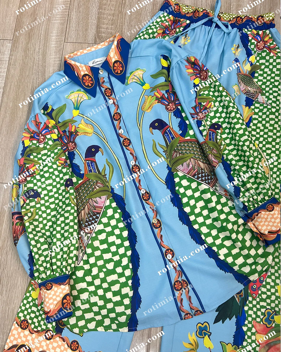 Co-Ord Set - Women's Printed Blouse and Wide Leg Pants Two-Piece Set-Grace Aura