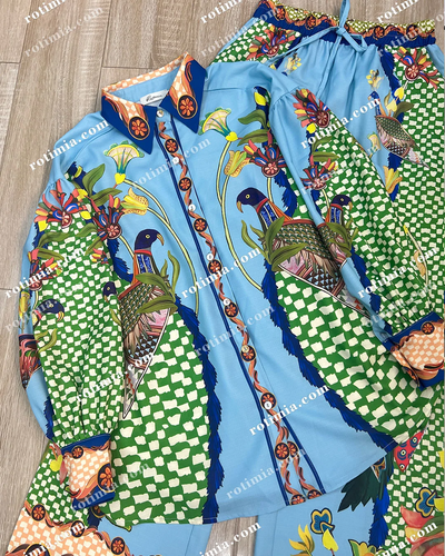 Co-Ord Set - Women's Printed Blouse and Wide Leg Pants Two-Piece Set-Grace Aura
