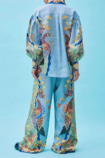 Co-Ord Set - Women's Printed Blouse and Wide Leg Pants Two-Piece Set-Grace Aura