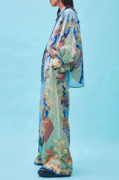 Co-Ord Set - Women's Printed Blouse and Wide Leg Pants Two-Piece Set-Grace Aura