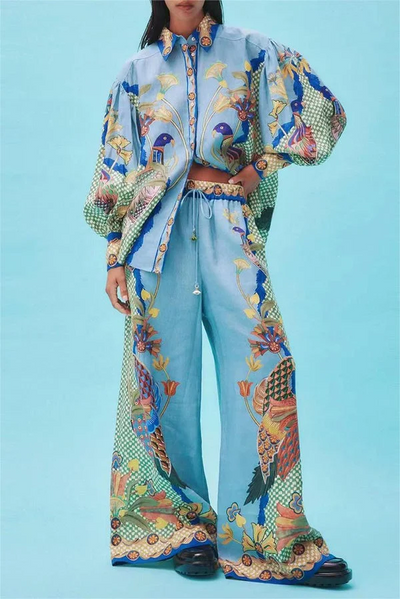 Co-Ord Set - Women's Printed Blouse and Wide Leg Pants Two-Piece Set-Grace Aura
