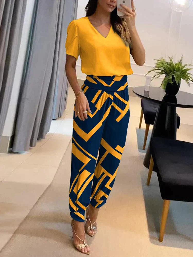Co-Ord Set - Women's Short Sleeve Blouse and High Waist Pants Two-Piece Set-Grace Aura