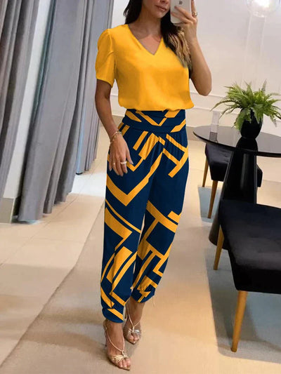 Co-Ord Set - Women's Short Sleeve Blouse and High Waist Pants Two-Piece Set-Grace Aura