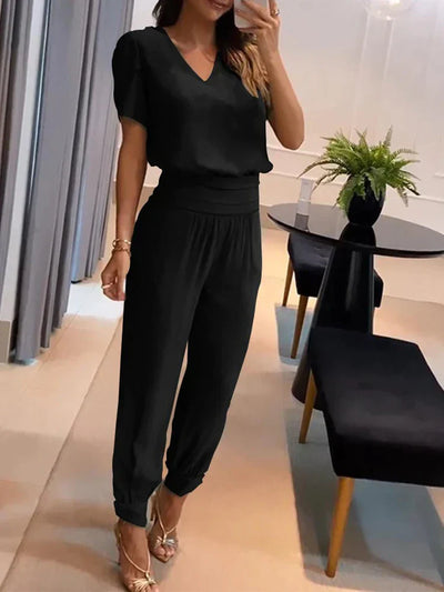 Co-Ord Set - Women's Short Sleeve Blouse and High Waist Pants Two-Piece Set-Grace Aura