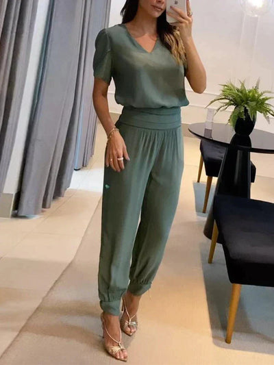 Co-Ord Set - Women's Short Sleeve Blouse and High Waist Pants Two-Piece Set-Grace Aura