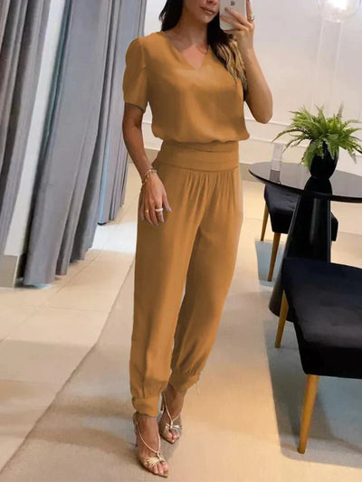 Co-Ord Set - Women's Short Sleeve Blouse and High Waist Pants Two-Piece Set-Grace Aura