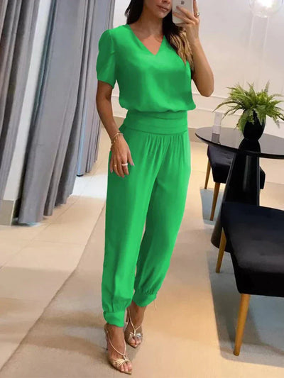 Co-Ord Set - Women's Short Sleeve Blouse and High Waist Pants Two-Piece Set-Grace Aura