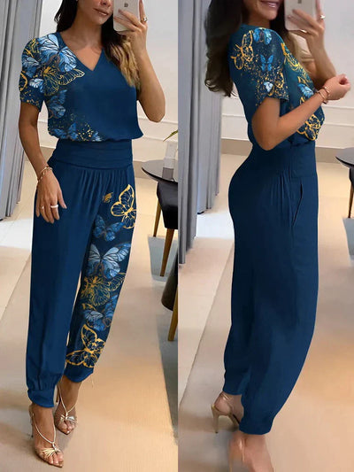Co-Ord Set - Women's Short Sleeve Blouse and High Waist Pants Two-Piece Set-Grace Aura