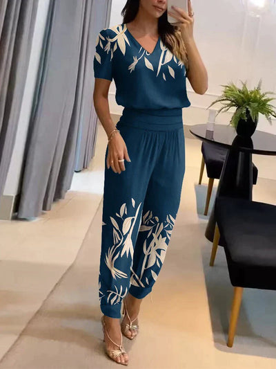 Co-Ord Set - Women's Short Sleeve Blouse and High Waist Pants Two-Piece Set-Grace Aura