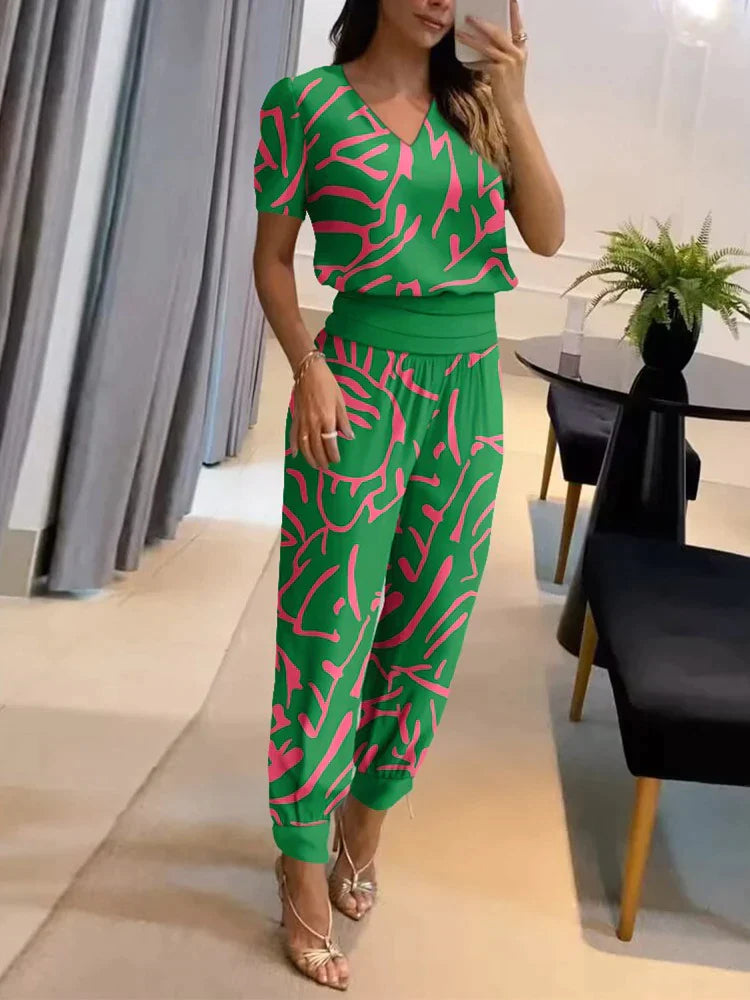Co-Ord Set - Women's Short Sleeve Blouse and High Waist Pants Two-Piece Set-Grace Aura