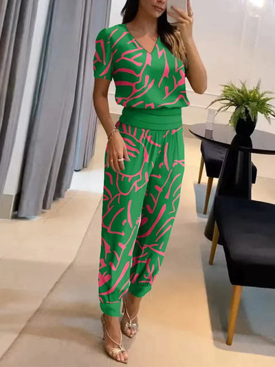Co-Ord Set - Women's Short Sleeve Blouse and High Waist Pants Two-Piece Set-Grace Aura
