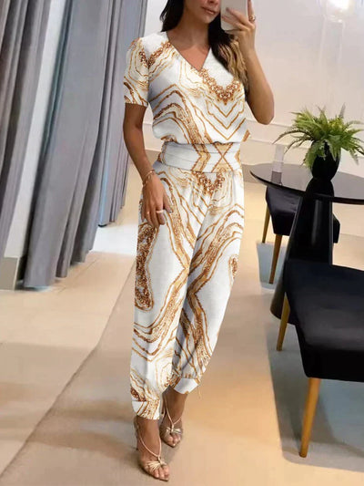 Co-Ord Set - Women's Short Sleeve Blouse and High Waist Pants Two-Piece Set-Grace Aura