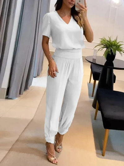 Co-Ord Set - Women's Short Sleeve Blouse and High Waist Pants Two-Piece Set-Grace Aura