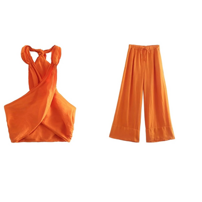 Coord Set - Linen - Wide Leg - Halterneck - Two-Piece Set - Women's Summer Clothes-Grace Aura