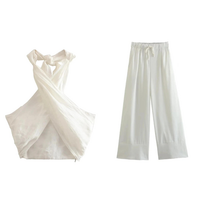 Coord Set - Linen - Wide Leg - Halterneck - Two-Piece Set - Women's Summer Clothes-Grace Aura