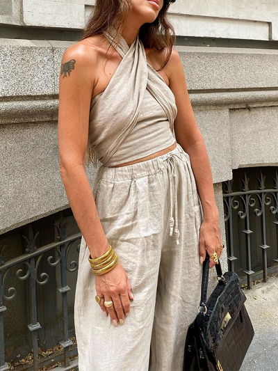 Coord Set - Linen - Wide Leg - Halterneck - Two-Piece Set - Women's Summer Clothes-Grace Aura