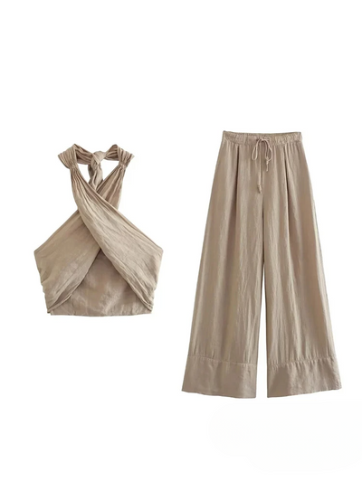 Coord Set - Linen - Wide Leg - Halterneck - Two-Piece Set - Women's Summer Clothes-Grace Aura