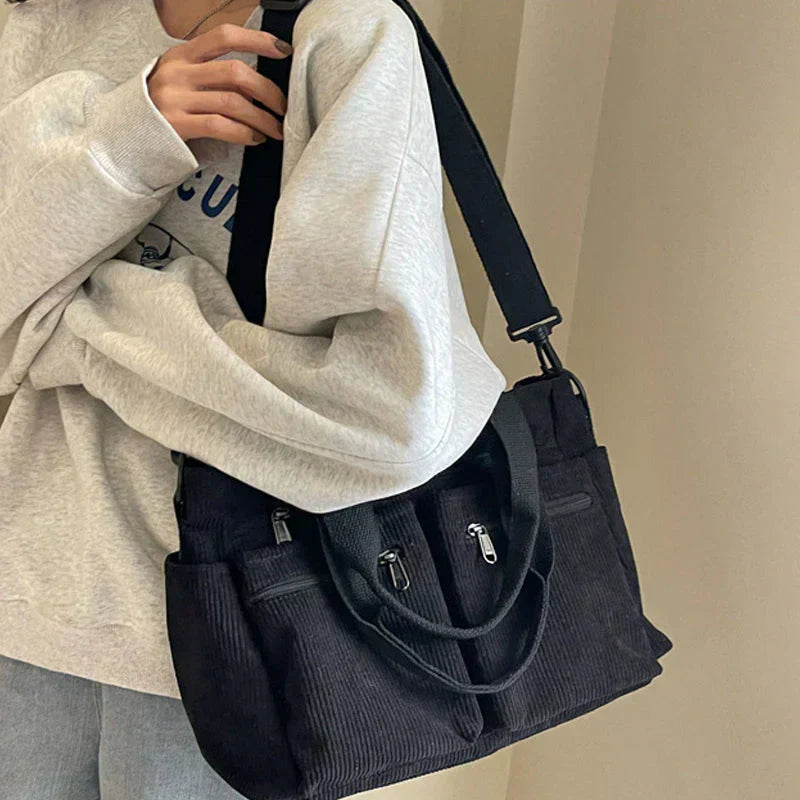 Corduroy Bag - Women's Multi Pocket Shoulder Shopper Bag-Grace Aura