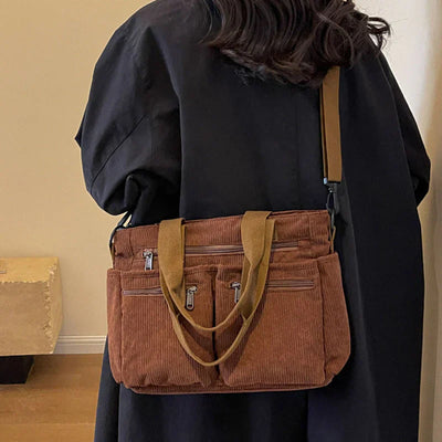Corduroy Bag - Women's Multi Pocket Shoulder Shopper Bag-Grace Aura