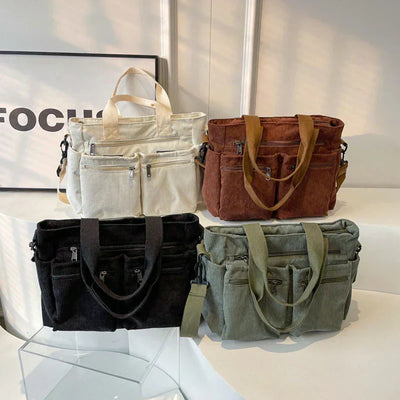 Corduroy Bag - Women's Multi Pocket Shoulder Shopper Bag-Grace Aura