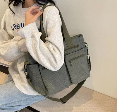 Corduroy Bag - Women's Multi Pocket Shoulder Tote Bag with Long Strap-Grace Aura