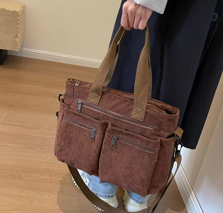Corduroy Bag - Women's Multi Pocket Shoulder Tote Bag with Long Strap-Grace Aura