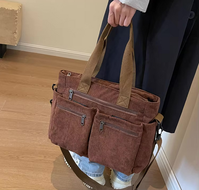 Corduroy Bag - Women's Multi Pocket Shoulder Tote Bag with Long Strap-Grace Aura