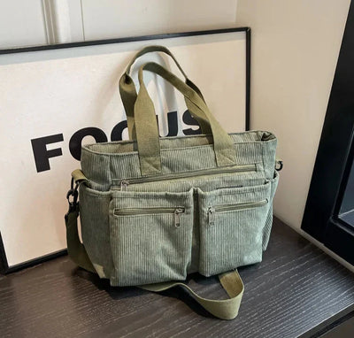 Corduroy Bag - Women's Multi Pocket Shoulder Tote Bag with Long Strap-Grace Aura