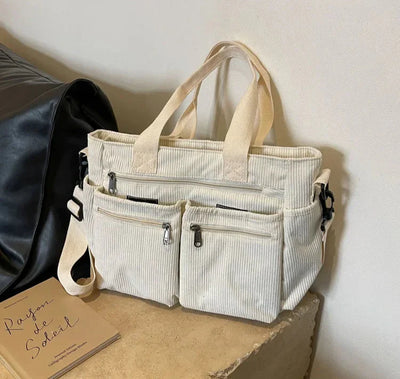 Corduroy Bag - Women's Multi Pocket Shoulder Tote Bag with Long Strap-Grace Aura