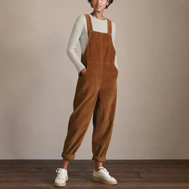 Corduroy Dungarees | Brown | Sleeveless | Corduroy Jumsuit | Women's Overalls-Grace Aura