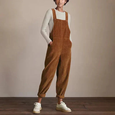 Corduroy Dungarees | Brown | Sleeveless | Corduroy Jumsuit | Women's Overalls-Grace Aura