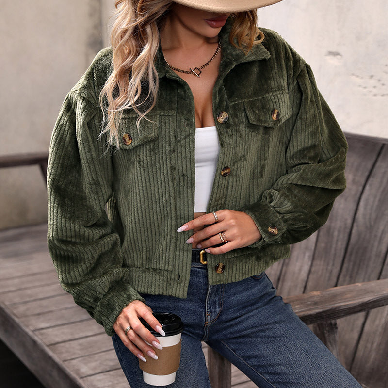 Corduroy Jacket - Short - Buttons - Green Jacket - Women's Jacket -Grace Aura