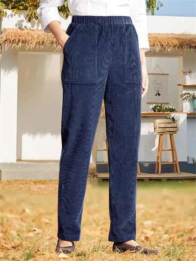 Corduroy Pants - Women's Casual Elastic Waist Straight Leg Cord Pants-Grace Aura