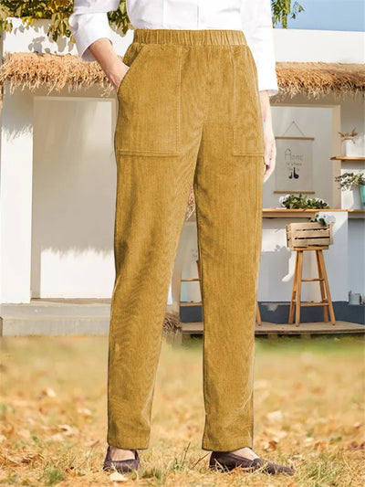 Corduroy Pants - Women's Casual Elastic Waist Straight Leg Cord Pants-Grace Aura