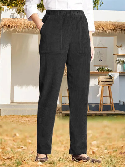 Corduroy Pants - Women's Casual Elastic Waist Straight Leg Cord Pants-Grace Aura
