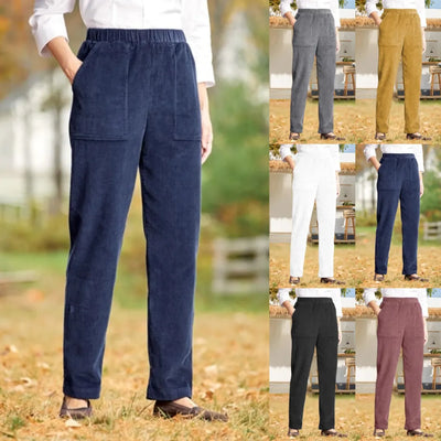 Corduroy Pants - Women's Casual Elastic Waist Straight Leg Cord Pants-Grace Aura