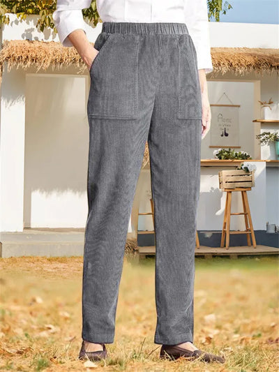 Corduroy Pants - Women's Casual Elastic Waist Straight Leg Cord Pants-Grace Aura