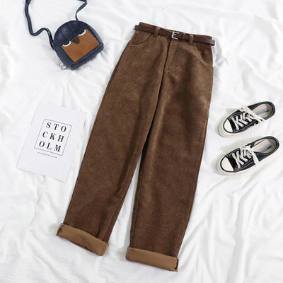 Corduroy Trousers - Women's Loose Fit High Waist Baggy Cord Pants-Grace Aura