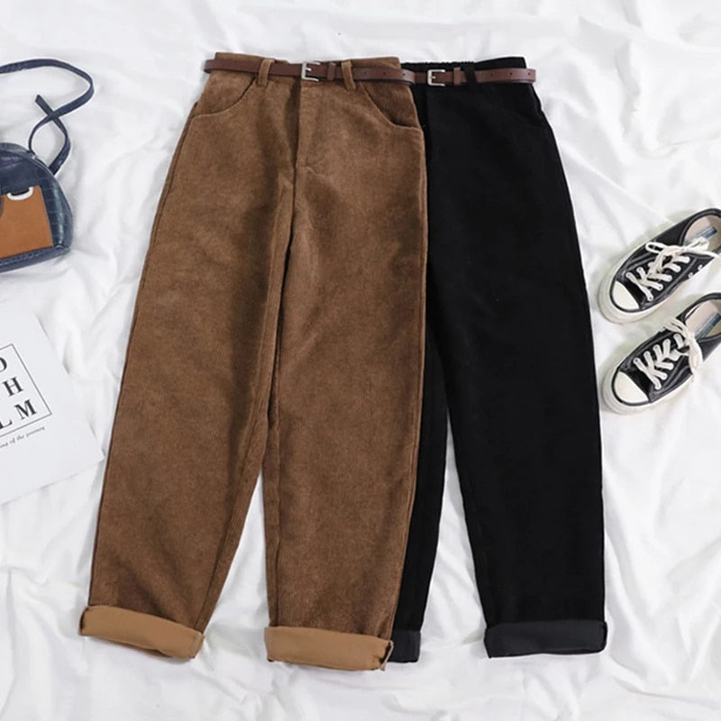 Corduroy Trousers - Women's Loose Fit High Waist Baggy Cord Pants-Grace Aura