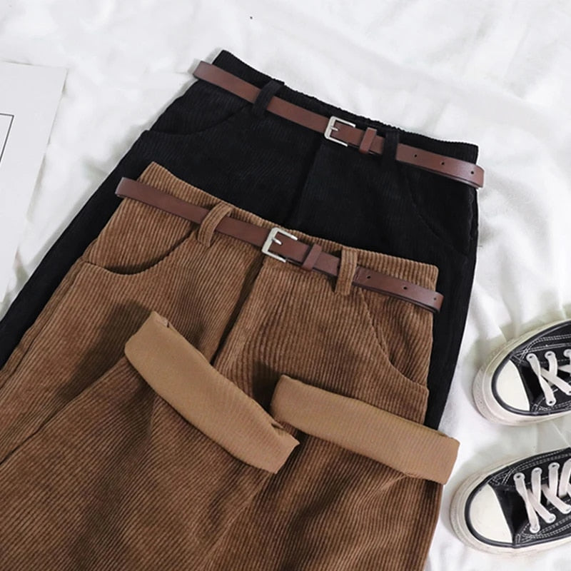 Corduroy Trousers - Women's Loose Fit High Waist Baggy Cord Pants-Grace Aura