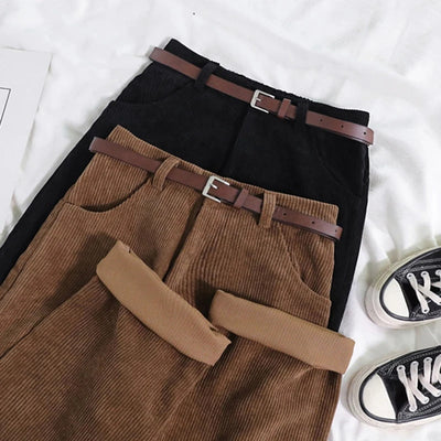 Corduroy Trousers - Women's Loose Fit High Waist Baggy Cord Pants-Grace Aura