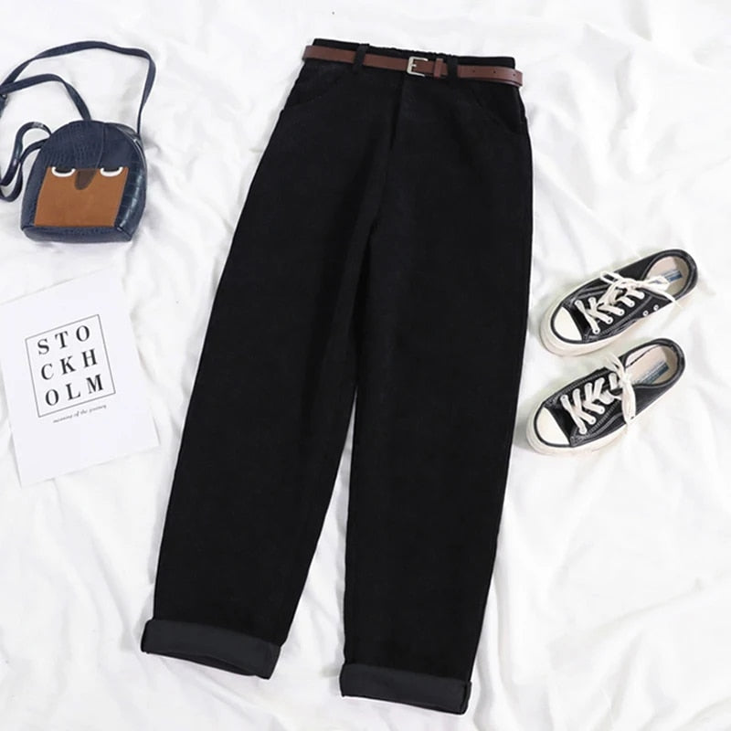 Corduroy Trousers - Women's Loose Fit High Waist Baggy Cord Pants-Grace Aura