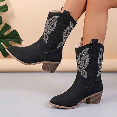 Cowboy Boots - Women's Mid Calf Block Heel Cowgirl Boots-Grace Aura