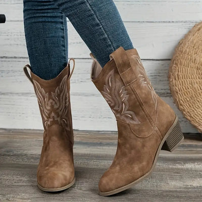 Cowboy Boots - Women's Mid Calf Block Heel Cowgirl Boots-Grace Aura