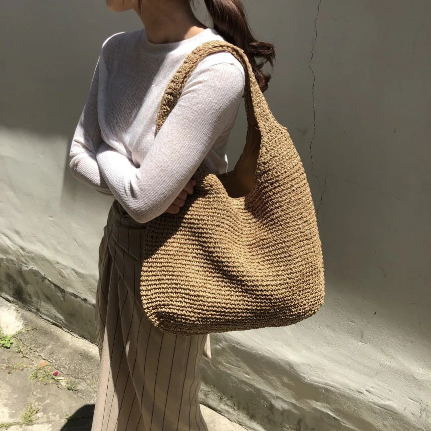 Crochet Bag - Women's Large Woven Shoulder Shopper Bag-Grace Aura
