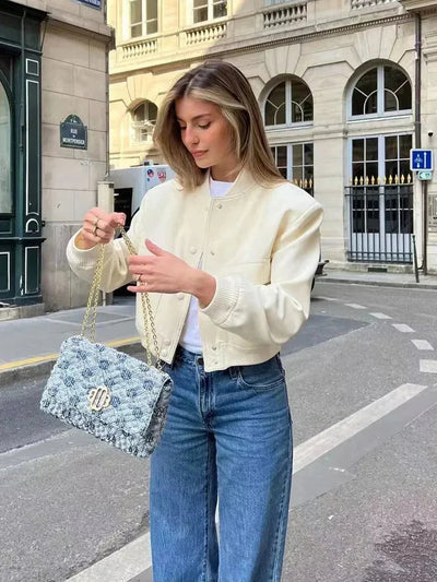 Cropped Jacket | Button-Up | Autumn | Bomber Jacket | Women's Jacket-Grace Aura